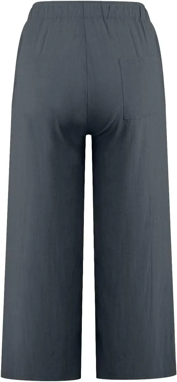 yardsong Capri Pants for Women Cotton Linen Summer Casual Cropped Pants Drawstring Elastic Waist Wide Leg Capris with Pockets