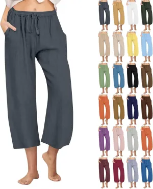 yardsong Capri Pants for Women Cotton Linen Summer Casual Cropped Pants Drawstring Elastic Waist Wide Leg Capris with Pockets