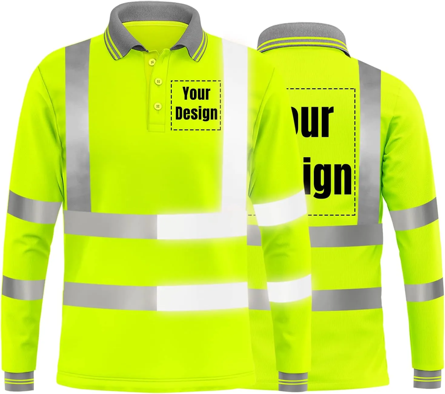 YOWESHOP Hi-Vis Safety T-Shirt Add Your Design Long Sleeve Protective Polo Shirts with Reflective Strips (2XL, Neon Yellow - Style 8)