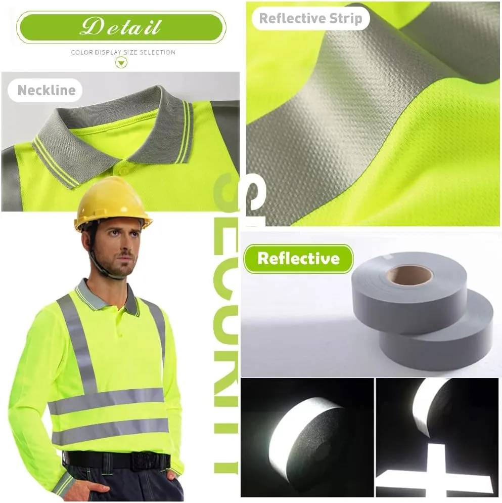 YOWESHOP Hi-Vis Safety T-Shirt Add Your Design Long Sleeve Protective Polo Shirts with Reflective Strips (2XL, Neon Yellow - Style 8)