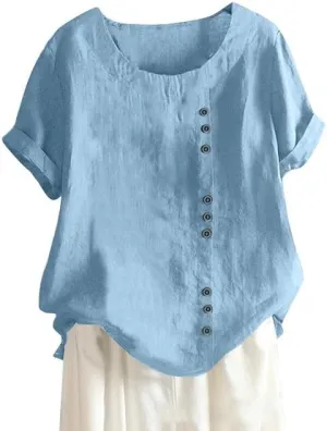 ZOCAVIA Women's Cotton Linen Shirts Summer Casual Boho Floral Short Sleeve Buttons Blouse Oversized Loose Ladies Tunic Tops