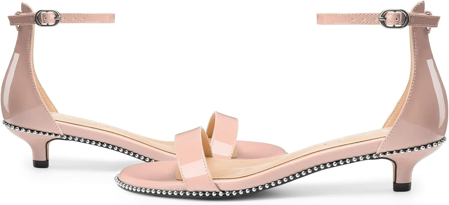Z.Oufeier Women's Low Kitten Heels Open Peep Toe Ankle Strap Studded Buckle Dressy Heeled Sandals Beaded Patent Leather Summer Prom Party Shoes