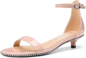 Z.Oufeier Women's Low Kitten Heels Open Peep Toe Ankle Strap Studded Buckle Dressy Heeled Sandals Beaded Patent Leather Summer Prom Party Shoes