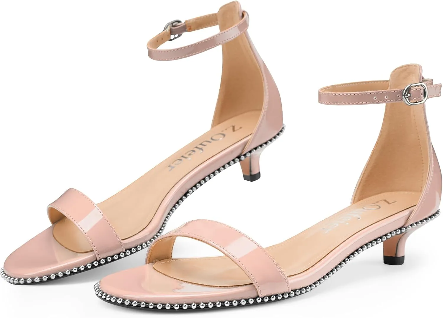Z.Oufeier Women's Low Kitten Heels Open Peep Toe Ankle Strap Studded Buckle Dressy Heeled Sandals Beaded Patent Leather Summer Prom Party Shoes