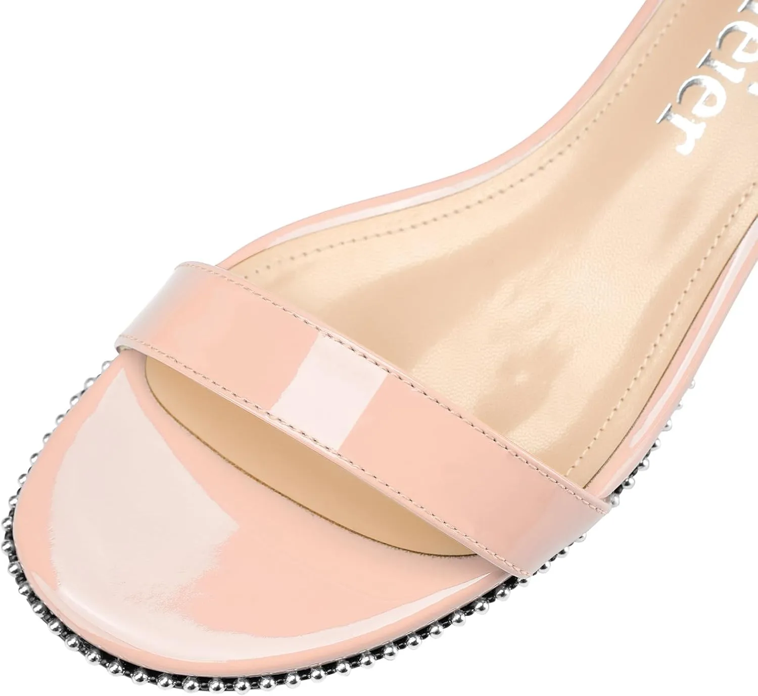 Z.Oufeier Women's Low Kitten Heels Open Peep Toe Ankle Strap Studded Buckle Dressy Heeled Sandals Beaded Patent Leather Summer Prom Party Shoes