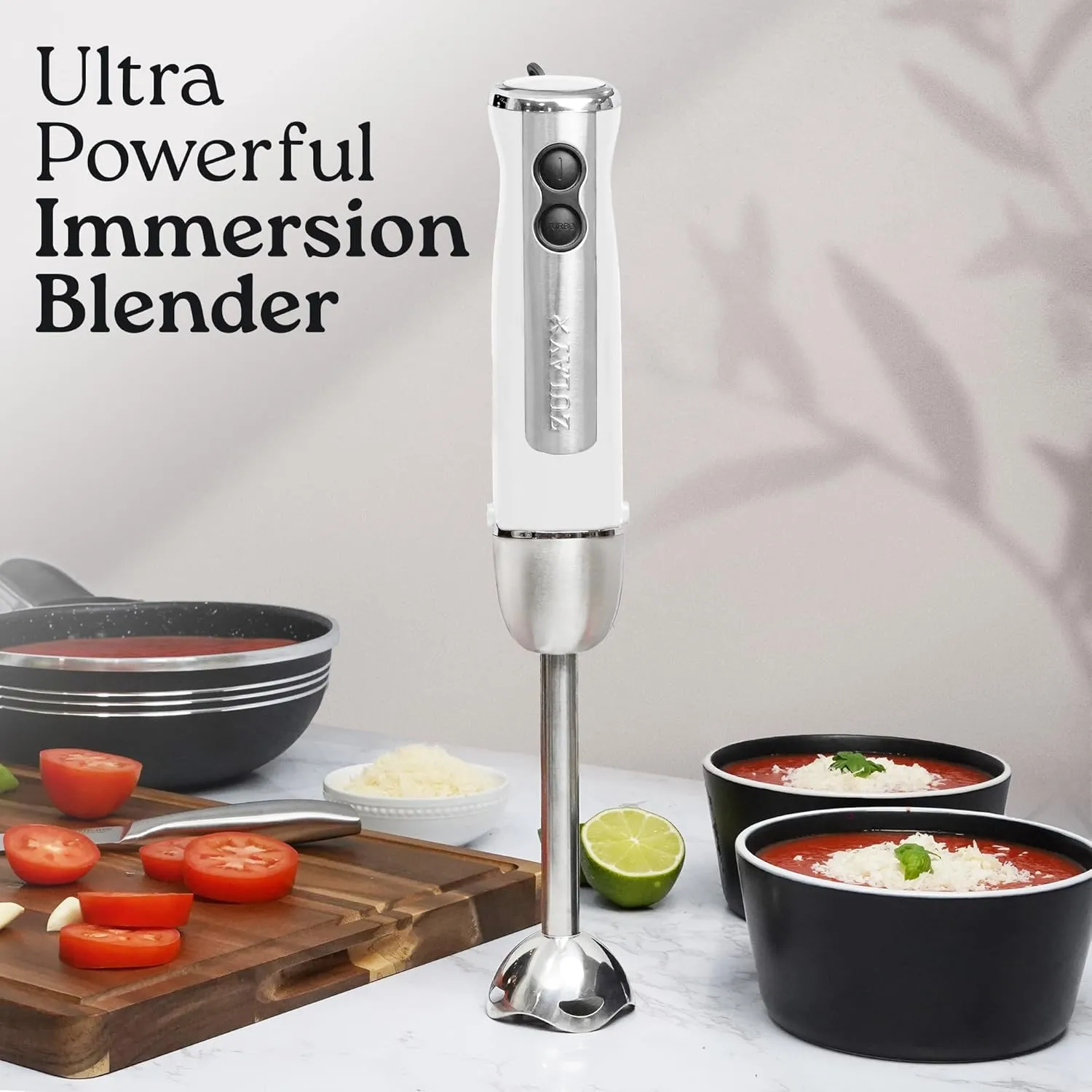Zulay Immersion Stick Mixer Hand Blender - 800 Watts, Turbo Mode, 5-ft Power Electric Cord, Handheld Portable, Stainless Steel Blades - For Effortless Blending Smoothie, Soup, Baby Food, Puree - White